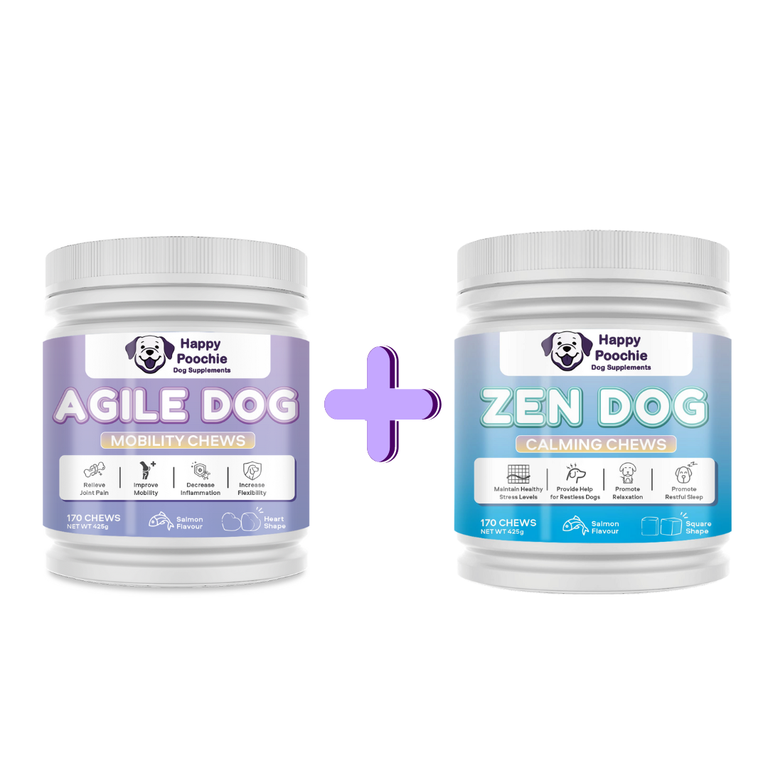 Two containers of Happy Poochie dog chews, one labeled Agile Dog with benefits for mobility and flexibility, and the other Zen Dog with calming effects. Both containers are white with colorful labels and the brand's logo.