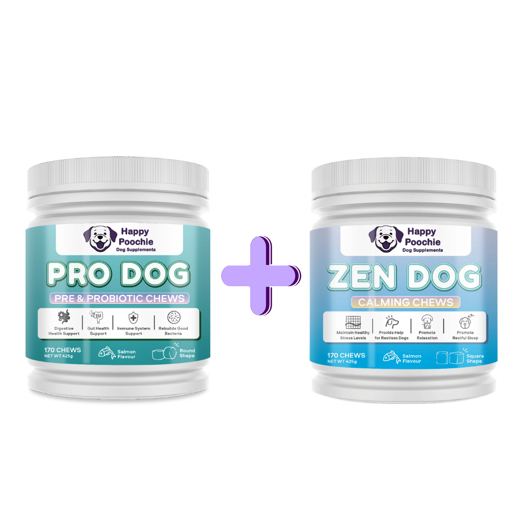 Two containers of dog supplements, one labeled 'Pro Dog' and the other 'Zen Dog', with branding and product information on the labels.
