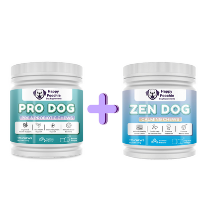 Two containers of dog supplements, one labeled 'Pro Dog' and the other 'Zen Dog', with branding and product information on the labels.