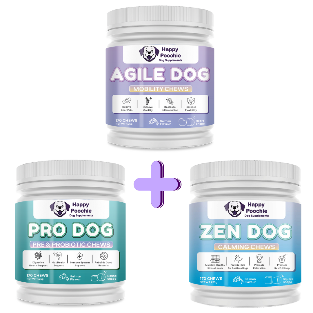 Three containers of dog chews in different flavors: Agile Dog, Pro Dog, and Zen Dog, each with their own label and branding.